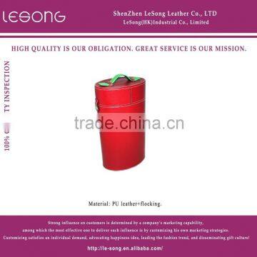 Red Color Leather Round Barrel Wine Box/Case With Handle