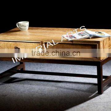 INDIAN IRON AND MANGO WOOD COFFEE TABLE WITH 2 DRAWER