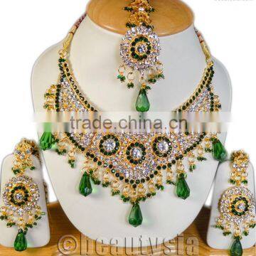 Kundan Gold Tone Cool Green Trendy Fashion Necklace Earrings Mangtikka Jewelry Set S202