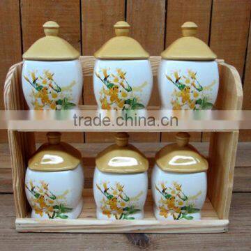 Yellow Flower Decal Ceramic 6 PCs Kitchen Spice Canisters with Wooden Stand