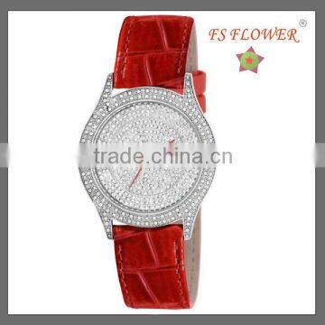 Gorgeous Red Leather Dazzling Diamond Lady Hand Watch Japan Quartz Watch Movement