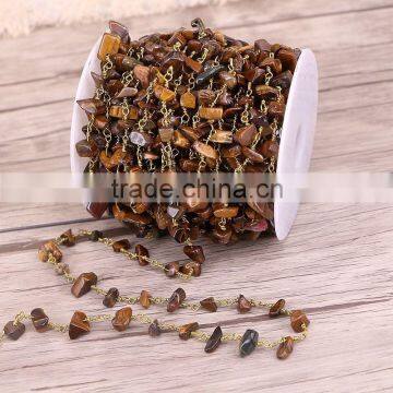 Natural Tiger Eye Stone Beads Wire Wrapped Chip Beaded Chain - Bronze Wire Wrapped Rosary Chain photo-2