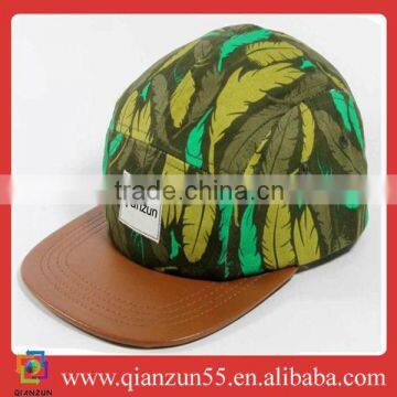 Wholesale Custom-made Floral fabric with Leather back closure 5 Panel Camp Hat and cap