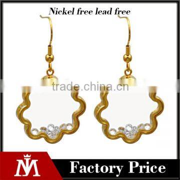 Fashion Sweet Flower Stainless Steel Gold Plated Locket Glass Crystal Drop Earrings for Women