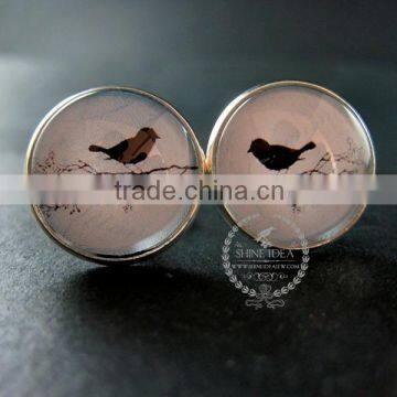 20mm silver plated bird shadow cut blue sky art collage round glass cabochon fashion cufflinks wedding cuff link gift 6600056