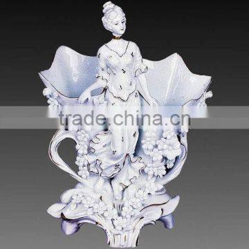 Elegant White Handicraft Ceramic Flower Receptacle with Lady dancing