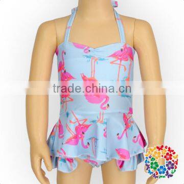 Summer Blue Two-Piece Girls Swimsuits Cute Baby Swimwear With Pink Flamingo Design