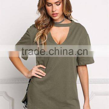 MGOO Customzied OEM Heavy Cotton 300g Tunic Tops Fashion Chocker Loose Oversized Shirts V Cut Out photo-5