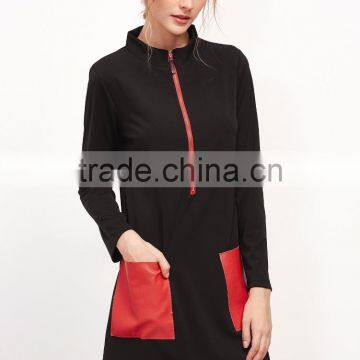 Black Stand Collar Contrast Pockets Zipper Dress Cotton Spandex Long Sleeve Color Block Casual Short Dress photo-4