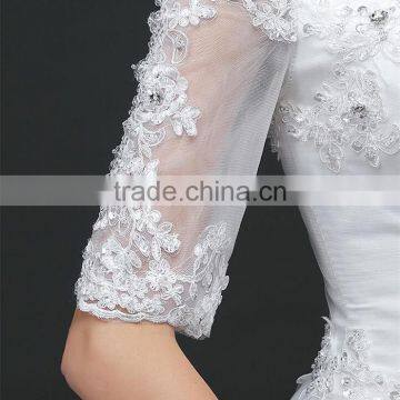 MGOO Off Shoulder Short Sleeve Shinny Beaded Lace Hem A-line Floor Length Wedding Dress Crisscross Back photo-5