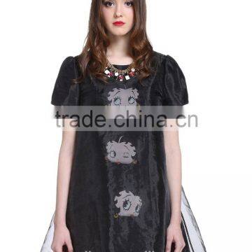 Black Organza cartoon printing polyester loose sleeveless A-line dress