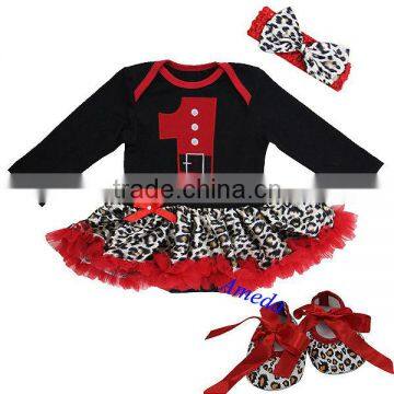 Baby Xmas Black Red Leopard 1st Santa Long Sleeves Bodysuit Jumpsuit Romper Pettiskirt Headband Crib Shoes NB-18M