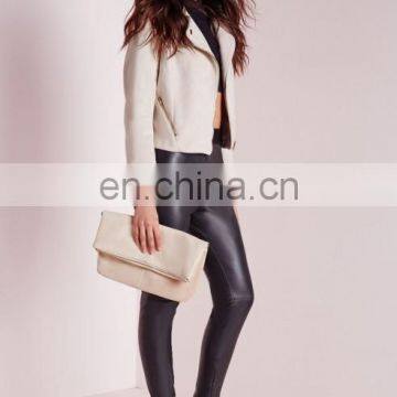 Fashion Women Faux Suede Neoprene Biker Jacket Nude photo-2