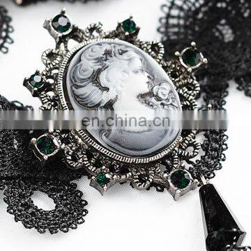 Gothic Laced and Chained Necklace With Cameo and Crosses photo-2