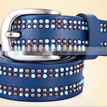 Fashion Unisex metal studded genuine leather belt in 28mm width of bule col