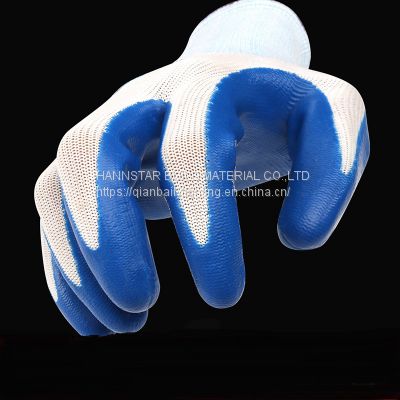 White Nylon work Gloves with blue Nitrile Coated