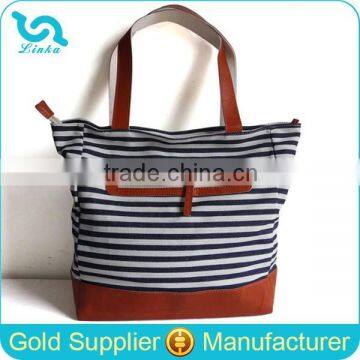 Navy Stripe Stylish Denim Bag Denim Tote Bag With Leather Trim