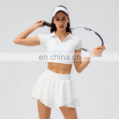 Ladies Short Sleeve Cropped Collar Top Activewear Slim Fit Outfits Women Pleated Golf Tennis Short photo-2