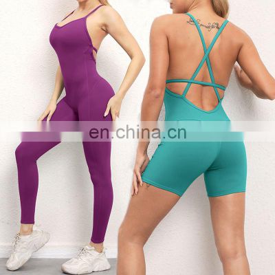 Custom Logo New Dance Halter Neck Sexy Sports Gym Wear Open Back Yoga Jumpsuit Backless Fitness Running One Piece Suit Set