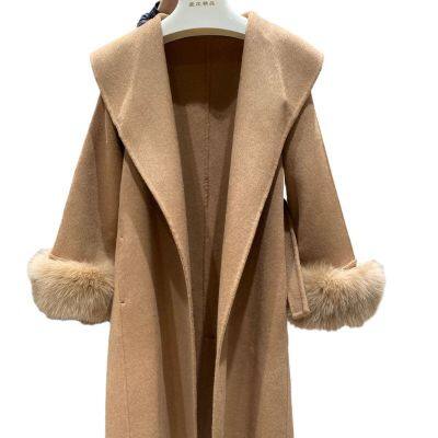 Korean high-end double-faced wool coat with large lapel and belt, medium-length fox fur cuffs, wool coat for women