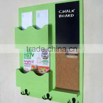 Wood green living room wall mail and magazine holder with key hanger and blackboard