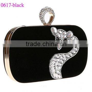 0617 black fashion clutch bag with velvet fabric ring crystal clutch handbag for ladies
