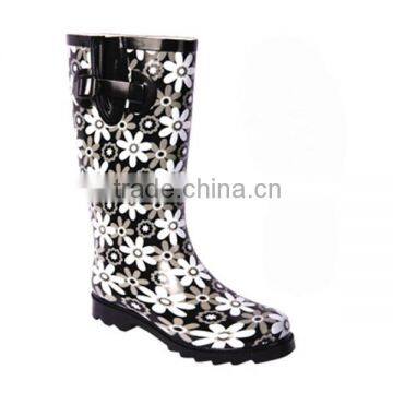 women elegant flower print rubber rain boots with buckle durable working shoes