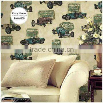 Hot Printing Pvc Wallpaper, Yellow for Kids Cars Wall Mural for Kids Room , Creative Wallcovering Shop photo-2