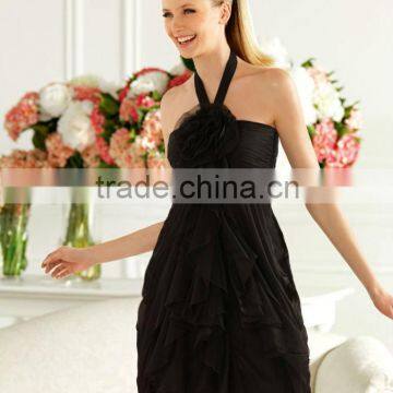 Latest Designer Sexy Halter Black Chiffon Flower Short Cocktail Dress Party Dress 2013 POE-065