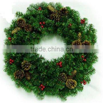 24" Unlit Pine And Ornament Christmas Wreath with cones and red berries