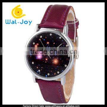 WJ-5460 black bright star stylish leather strap stainless steel back women hand watch