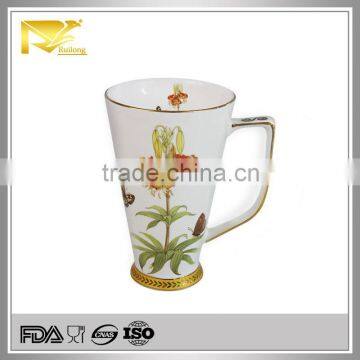 16OZ round shape large ceramic gold rim flower decal coffee mug