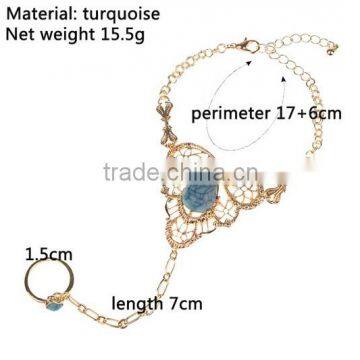 Womens Gold Slave Chain Finger Ring Bangle Hand Harness Bracelet Turquoise Beads photo-2