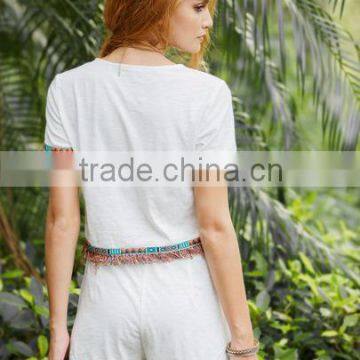 Two-piece-outfits Latest Fashion Design Women Clothing White Fringe Trim Short Sleeve T-shirt With Shorts photo-4