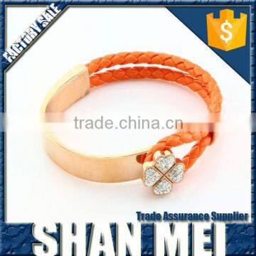 handmade hottest orange half brass alloy&leather bracelet crystal bangles