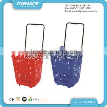 Handy colourful plastic shopping basket with wheels