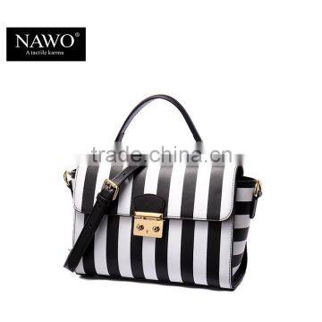 Striped Design Women Handbag Leather Tote Bag Lock Metal Buckle
