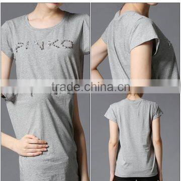 Wholesales 100% Cotton Interlock With Heat Seal Rhinestone Short Sleeve Fashion Summer Short Sleeve T Shirt photo-2