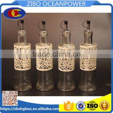 glass oil vinegar bottle set with white mesh metal coating