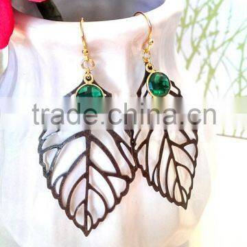 Hydro Emerald Green Leaf Earrings, Boho Chic Leaf Earrings, Leaf Cutout Earrings, Bronze Leaf Earrings with Emerald Earrings