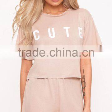 Women Plain PJ Set With Custom Logo Screen Print Short Pajamas Letter Print Loose Pyjama photo-3