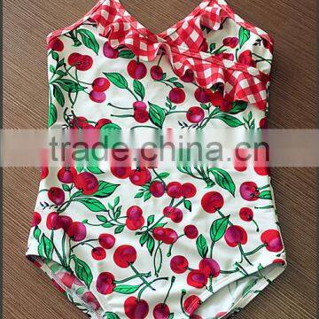 Baby girl's lovely cherry print falbala nylon spandex one piece swimwear.