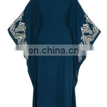 Women V-Neck Blue Abaya Muslim Dress With Embroidery