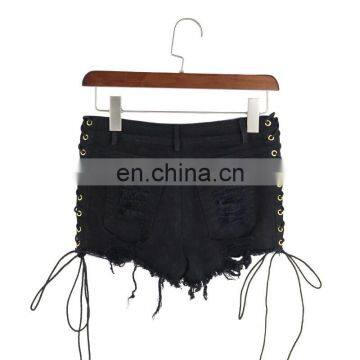 Black Sexy Short Jeans 100%cotton Tie Hollow Out Washed Hollow Out Mini Pant Wholesale photo-6