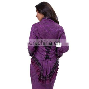Belle Poque Women's Gothic Victorian Corset Style Lace Embellished V-Neck Jacquard Purple Coat Retro Vintage Tops BP000223-3 photo-2