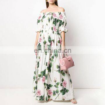 TWOTWINSTYLE Floral Print Dress Women Slash Neck Flare Short Sleeve High Waist Off Shoulder Casual photo-5