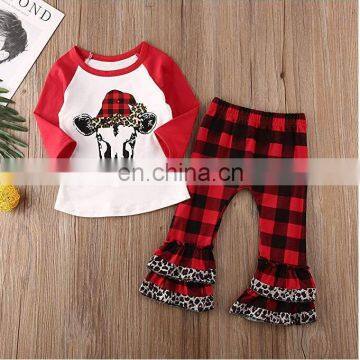 Baby Girl Ruffle Clothing Set Cow Christmas Tree Print Kids Girl Boutique Outfit Icing Ruffle Sleeve T-shirt 2pcs photo-2