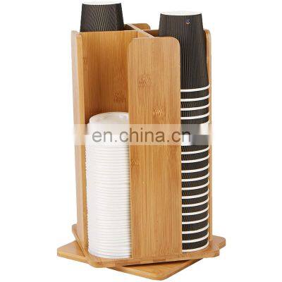 Revolving Bamboo holder for caddy Cups and Lids Organizer with 4 Compartments Rotates 360 Degrees