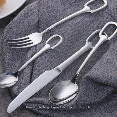 Set of 4 Pieces Silver Colored Stainless Steel Knife Fork Spoon Quality Tableware Cutlery Set With Hook Handle