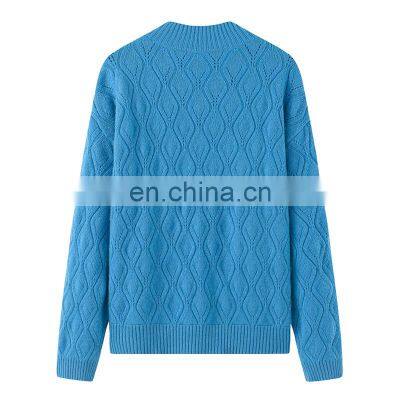 Vintage Winter Women's Crew Neck Pure Cashmere Sweater Rhombus Knitted Pattern With Jacquard Technique OEM Service Available